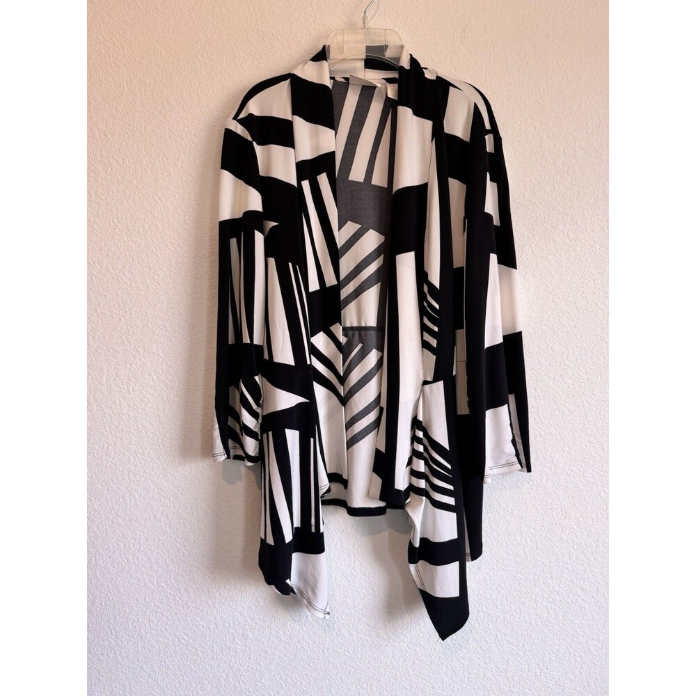 Chico's 1 Women's Black White Abstract Open Front Cardigan Asymmetrical Medium